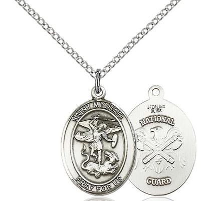 St. Michael National Guard Medal Necklace - Sterling Silver - 3/4 Inch Tall x 1/2 Inch Wide with 18" Chain