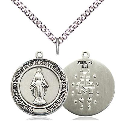 Miraculous Medal Necklace - Sterling Silver - 3/4 Inch Tall by 5/8 Inch Wide with 24" Chain