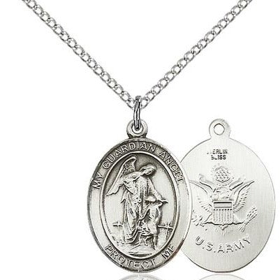 Guardian Angel Army Medal Necklace - Sterling Silver - 3/4 Inch Tall x 1/2 Inch Wide with 18" Chain