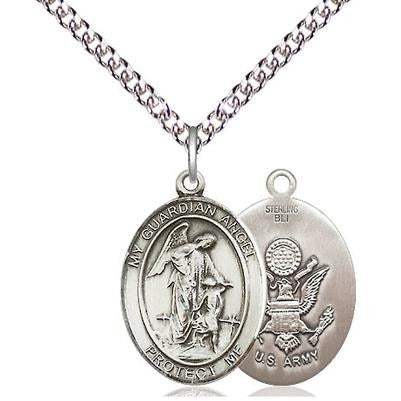 Guardian Angel Army Medal Necklace - Sterling Silver - 3/4 Inch Tall x 1/2 Inch Wide with 24" Chain