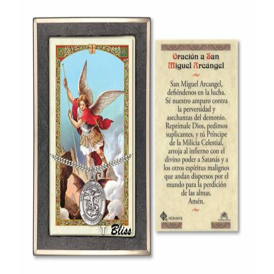 San Miguel Arcangel Catholic Medal With Prayer Card - Sterling Silver