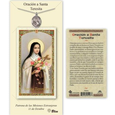 Santa Teresita Catholic Medal With Prayer Card - Pewter