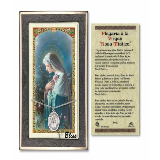 Our Lady Rosa Mystica Catholic Medal With Prayer Card - Sterling Silver
