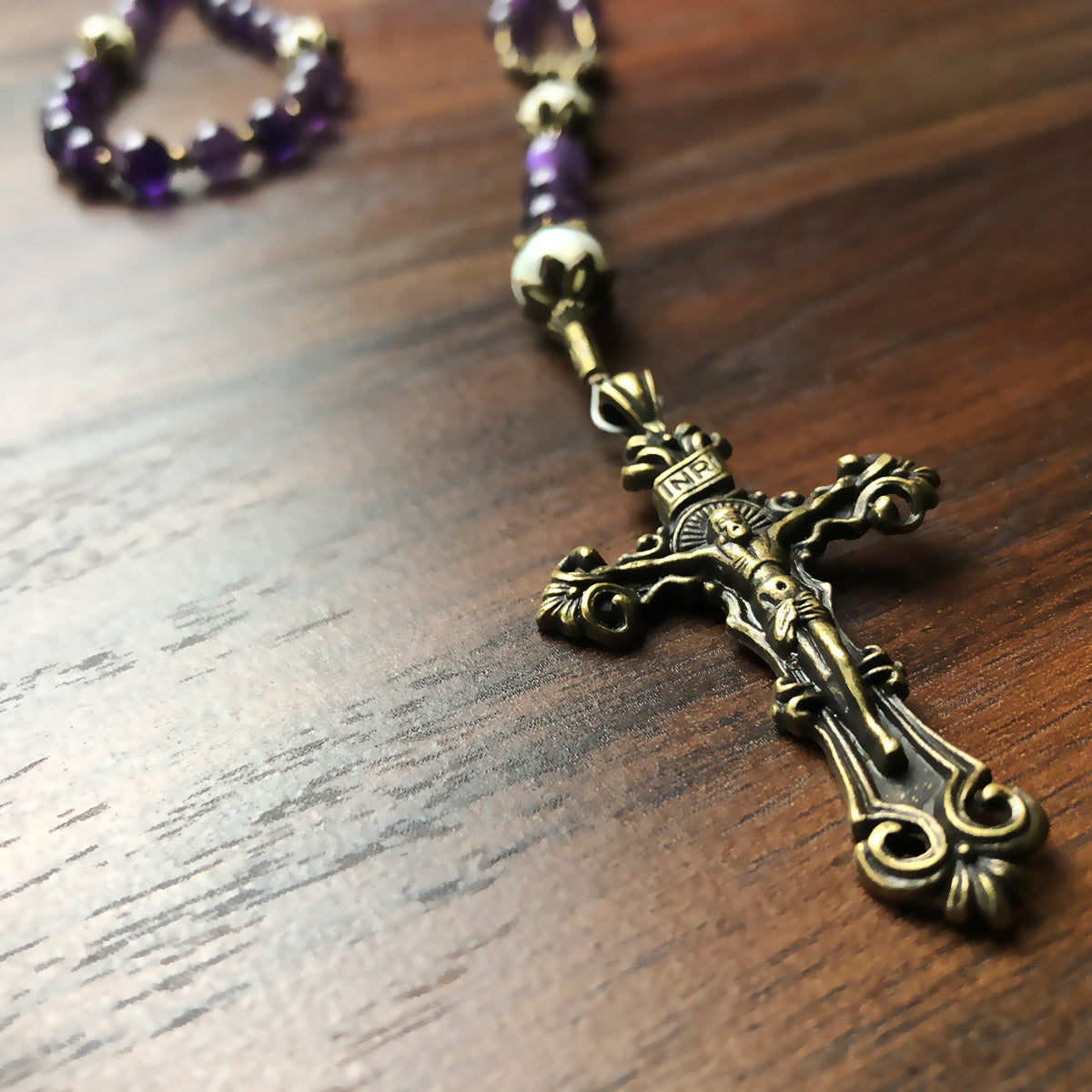 Amethyst and Mother of Pearl Stone Rosary With Miraculous Medal by Catholic Heirlooms - Confirmation - Holy Communion Gift - Rosary Necklace