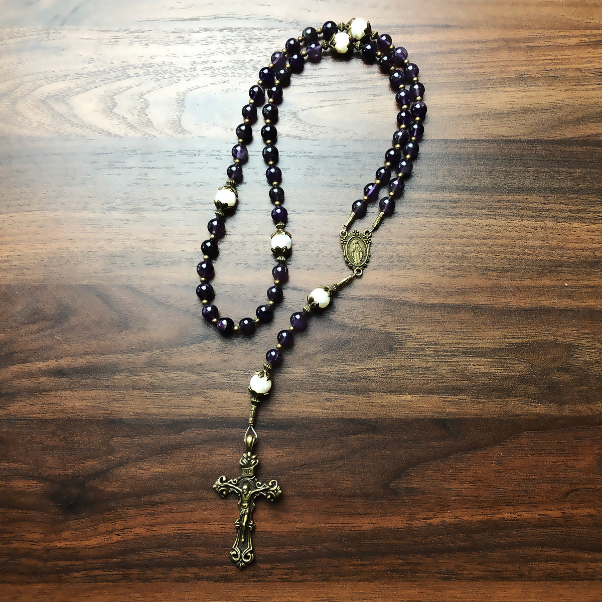 Amethyst and Mother of Pearl Stone Rosary With Miraculous Medal by Catholic Heirlooms - Confirmation - Holy Communion Gift - Rosary Necklace