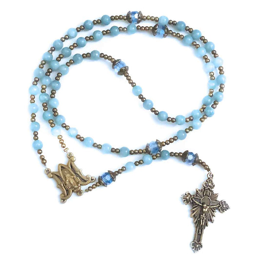 Our Lady of Grace Aquamarine Jade Stone Rosary and Bracelet Set by Catholic Heirlooms