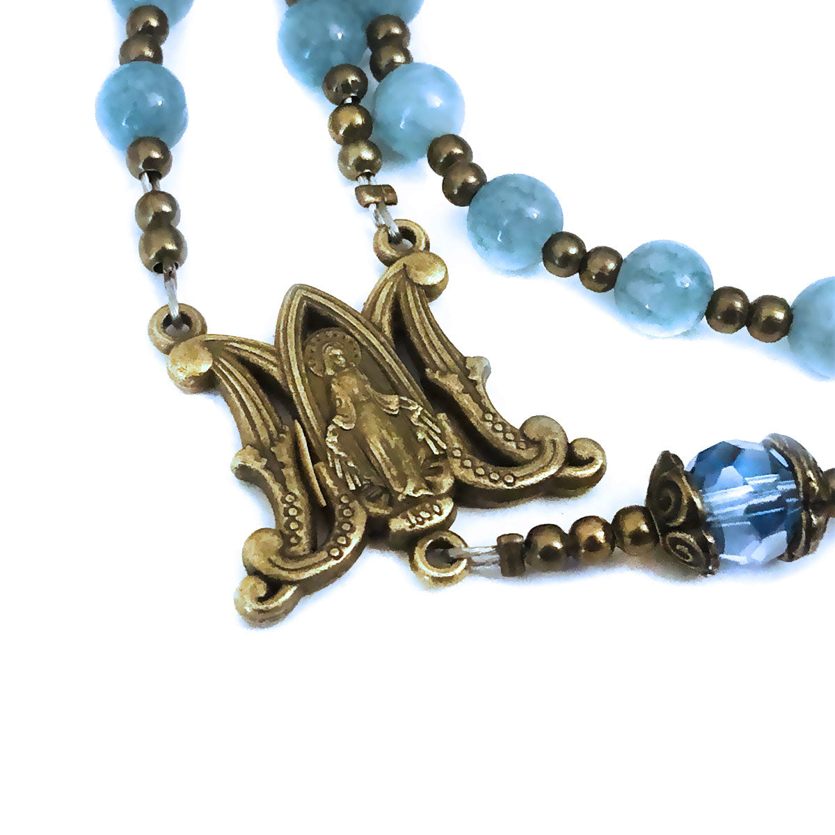 Our Lady of Grace Aquamarine Jade Stone Rosary and Bracelet Set by Catholic Heirlooms