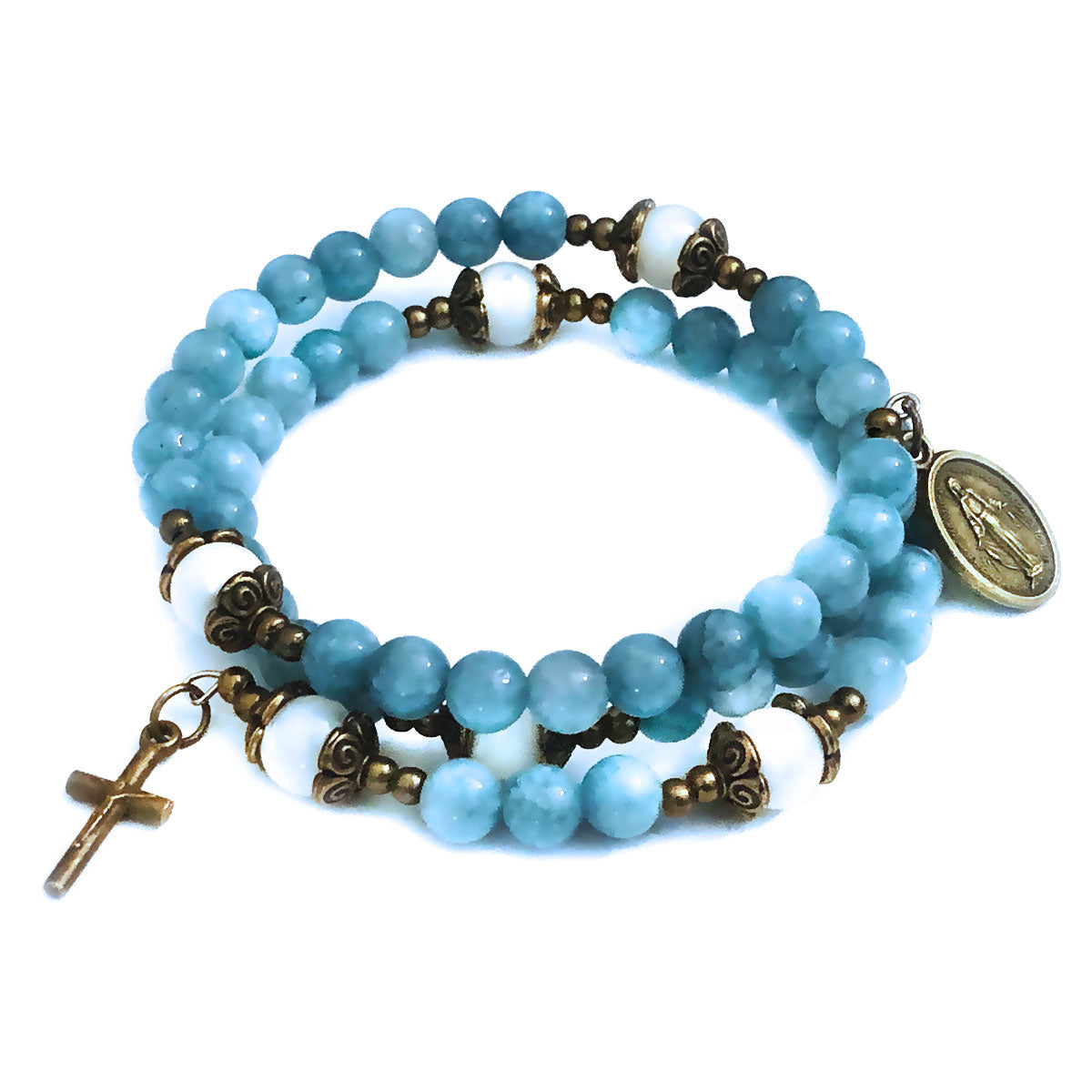 Our Lady of Grace Aquamarine Jade Stone Rosary and Bracelet Set by Catholic Heirlooms