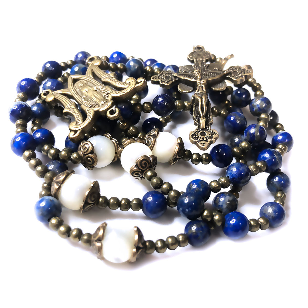 Miraculous Medal Blue Lapis and Mother of Pearl Stone Rosary