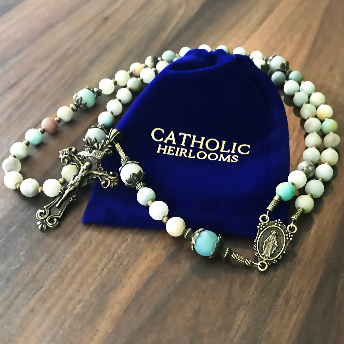 Amazonite Stone Rosary With Miraculous Medal by Catholic Heirlooms - Confirmation - Holy Communion Gift - Rosary Necklace