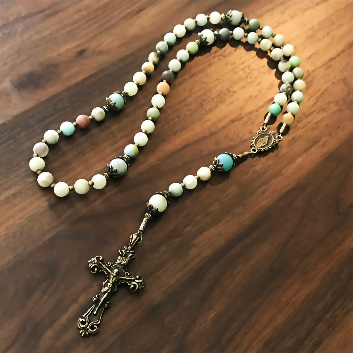 Amazonite Stone Rosary With Miraculous Medal by Catholic Heirlooms - Confirmation - Holy Communion Gift - Rosary Necklace