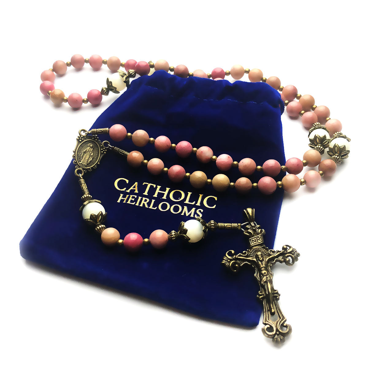 Pink Rhodonite and Mother of Pearl Stone Rosary With Miraculous Medal by Catholic Heirlooms - Confirmation - Holy Communion Gift - Rosary Necklace