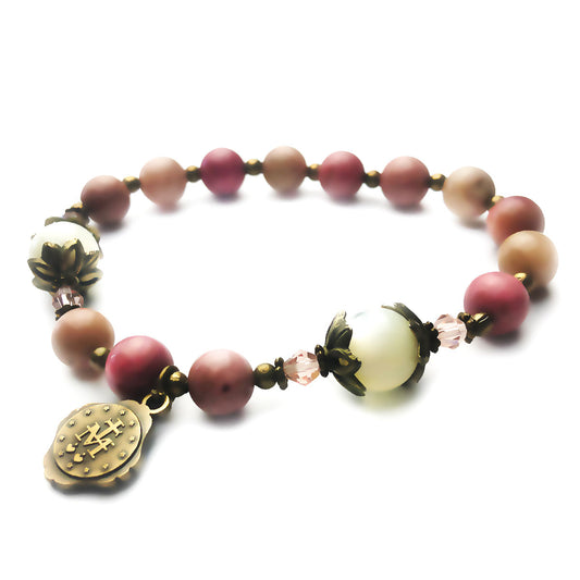 Pink Rhodonite and Mother of Pearl Stone Rosary Bracelet by Catholic Heirlooms - Confirmation - Holy Communion Gift