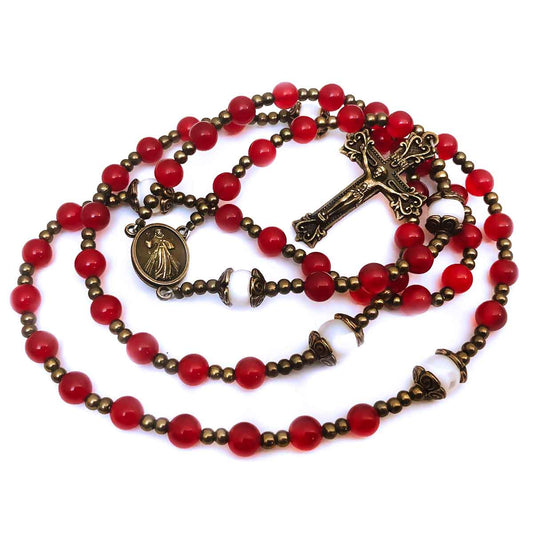 Divine Mercy Red Jade Stone Rosary and Bracelet Set by Catholic Heirlooms