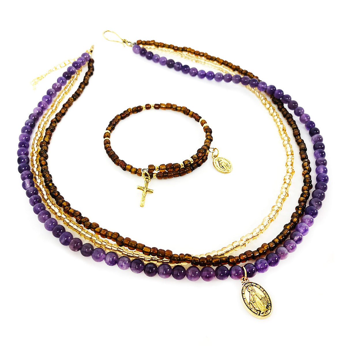 Miraculous Medal Necklace for Women Amethyst Layered Necklace with Rosary Bracelet Set by DALIA LORRAINE