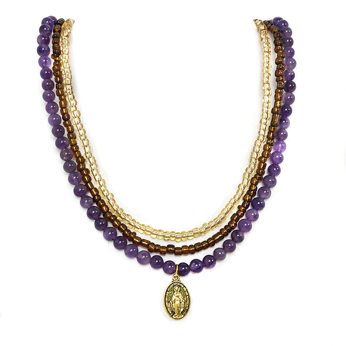 Miraculous Medal Necklace for Women Amethyst Layered Necklace with Rosary Bracelet Set by DALIA LORRAINE