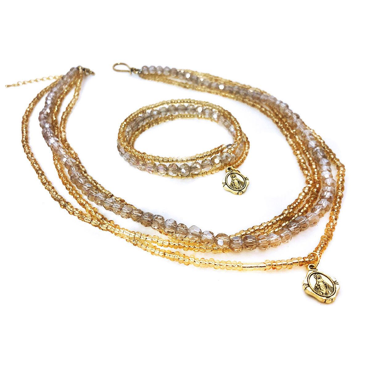Miraculous Medal Crystal and Seed Bead 3 Layer Necklace & Catholic Bracelet Set by DALIA LORRAINE