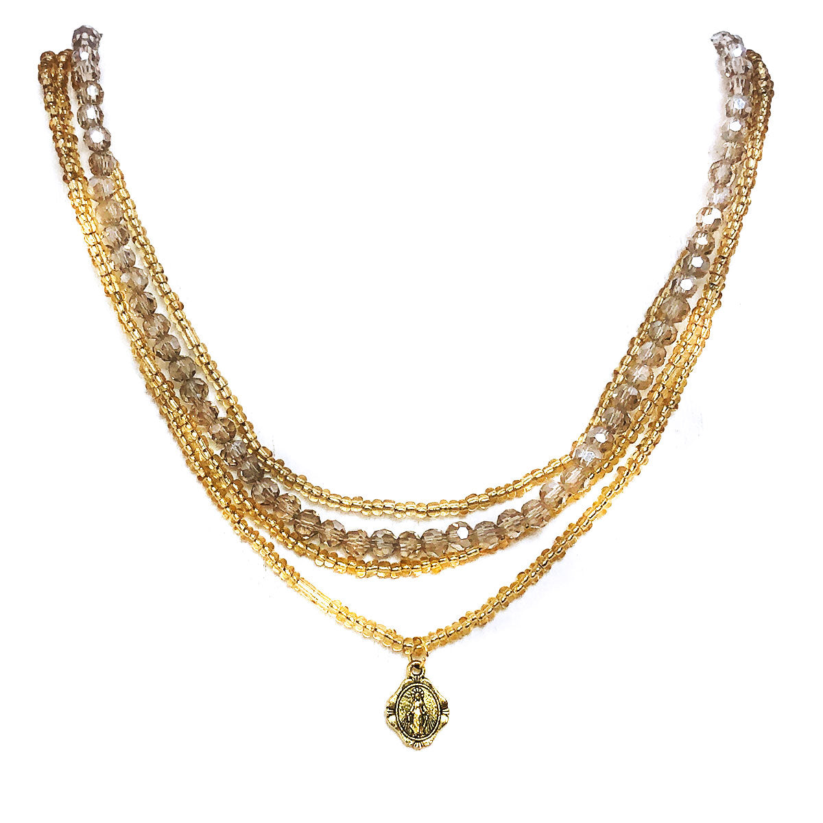 Miraculous Medal Crystal and Seed Bead 3 Layer Necklace & Catholic Bracelet Set by DALIA LORRAINE