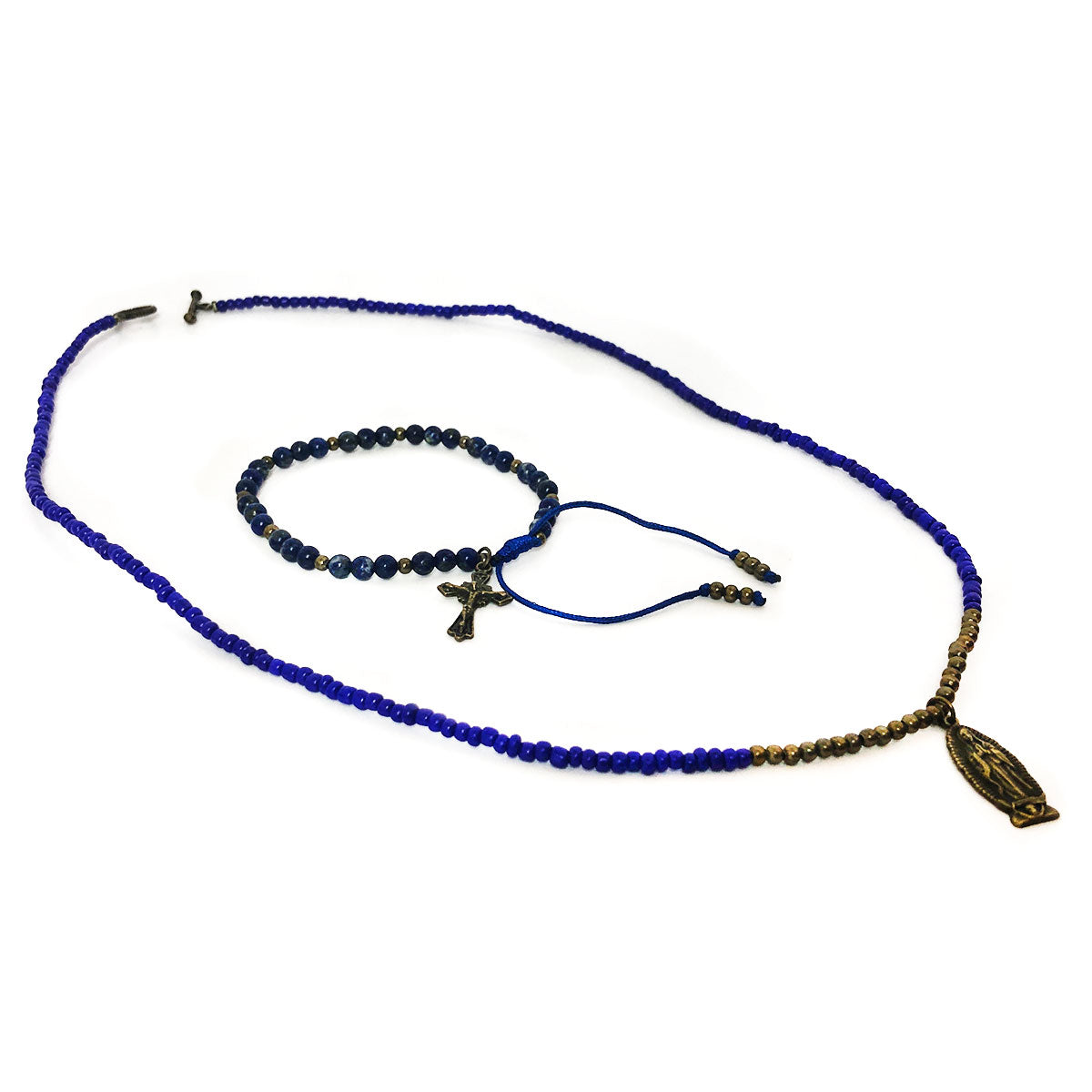 Our Lady of Guadalupe Necklace for Women Bead Necklace with Lapis Lazuli Stone Bead Bracelet with Crucifix Set by DALIA LORRAINE