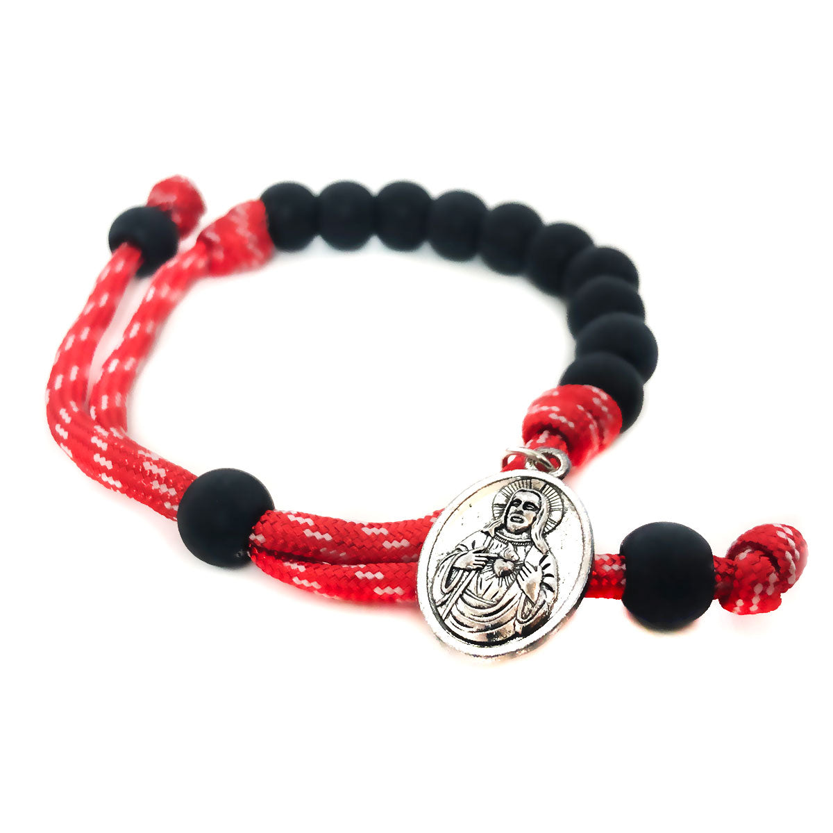 Sacred Heart of Jesus Red and Black Paracord Rosary and Rosary Bracelet Set by Catholic Heirlooms