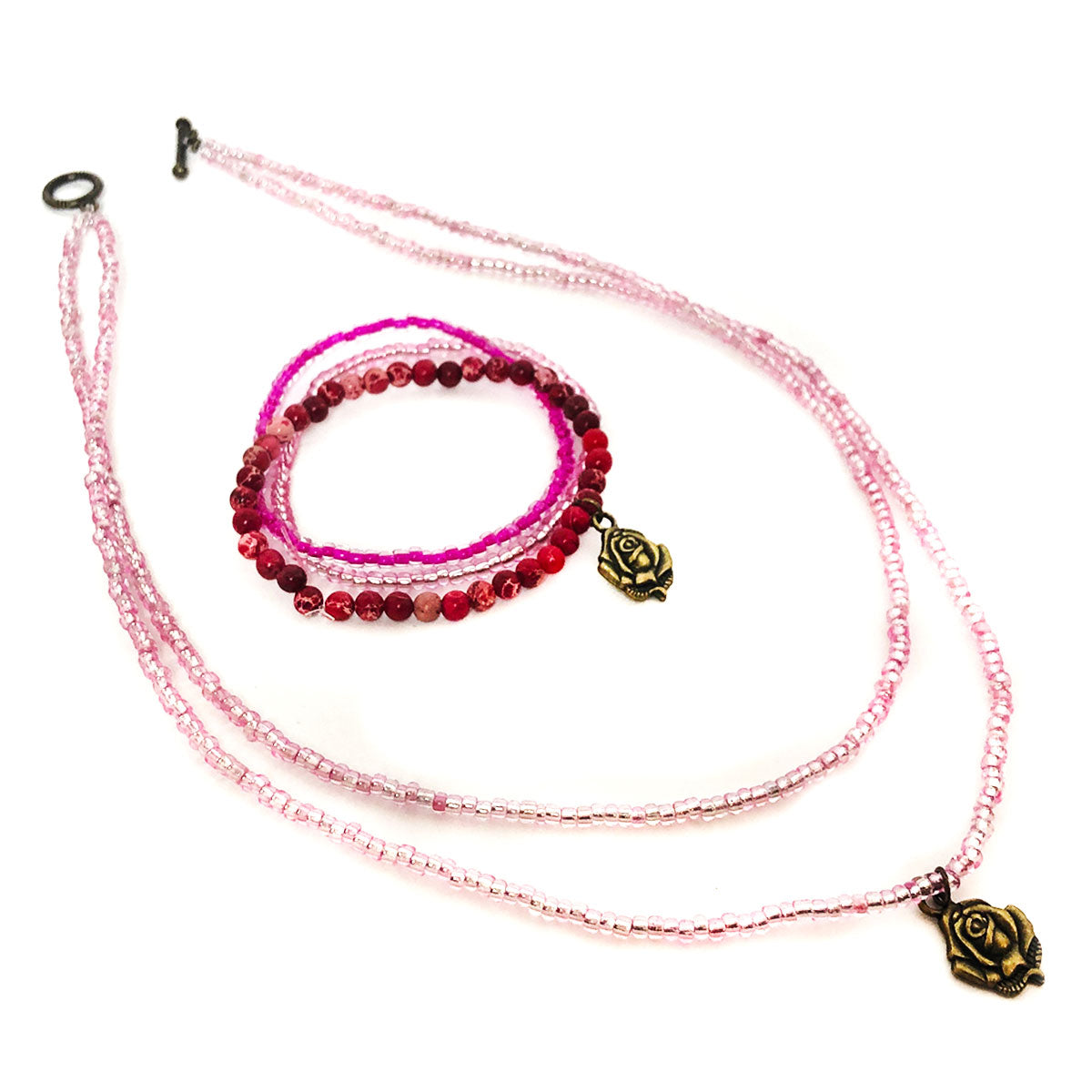 St. Bernadette Our Lady of Lourdes Rose Pendant Pink Seed Bead Necklace and Layered Stone and Seed Bead Bracelet Set by DALIA LORRAINE