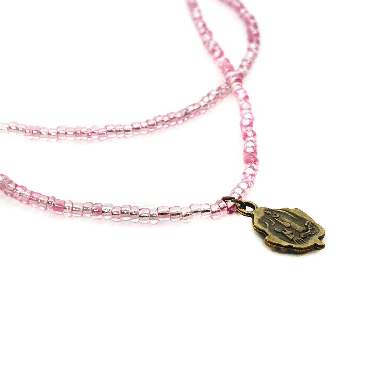 St. Bernadette Our Lady of Lourdes Rose Pendant Pink Seed Bead Necklace and Layered Stone and Seed Bead Bracelet Set by DALIA LORRAINE