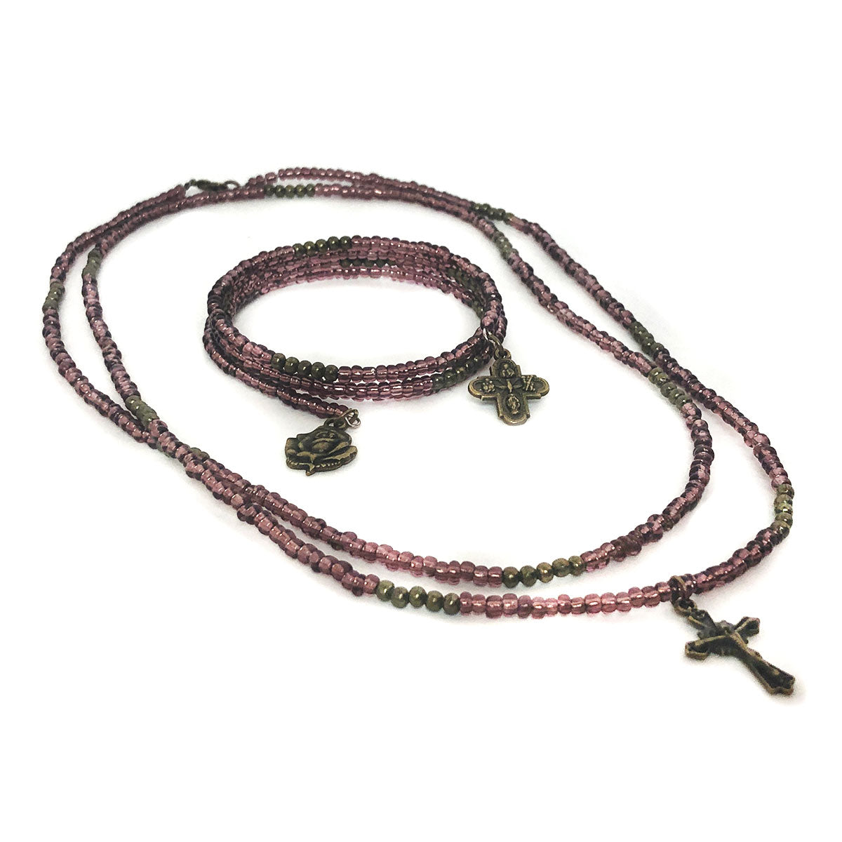 Crucifix Purple Seed Bead Necklace and Four Way Medal Our Lady of Lourdes Rose Bracelet Set by DALIA LORRAINE