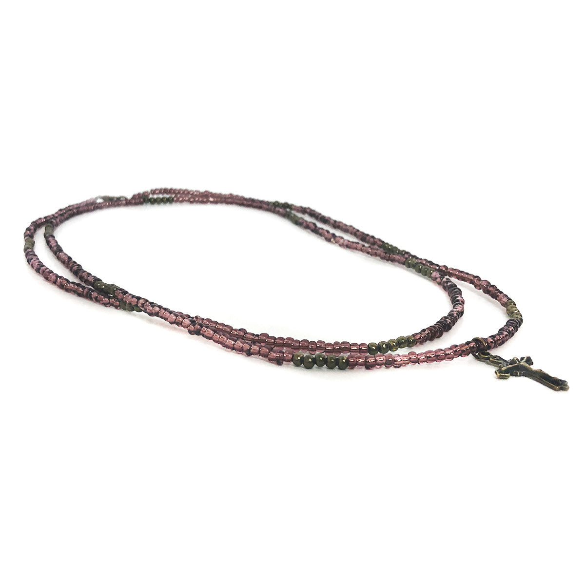 Crucifix Purple Seed Bead Necklace and Four Way Medal Our Lady of Lourdes Rose Bracelet Set by DALIA LORRAINE