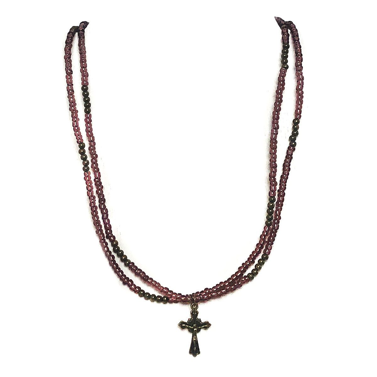 Crucifix Purple Seed Bead Necklace and Four Way Medal Our Lady of Lourdes Rose Bracelet Set by DALIA LORRAINE
