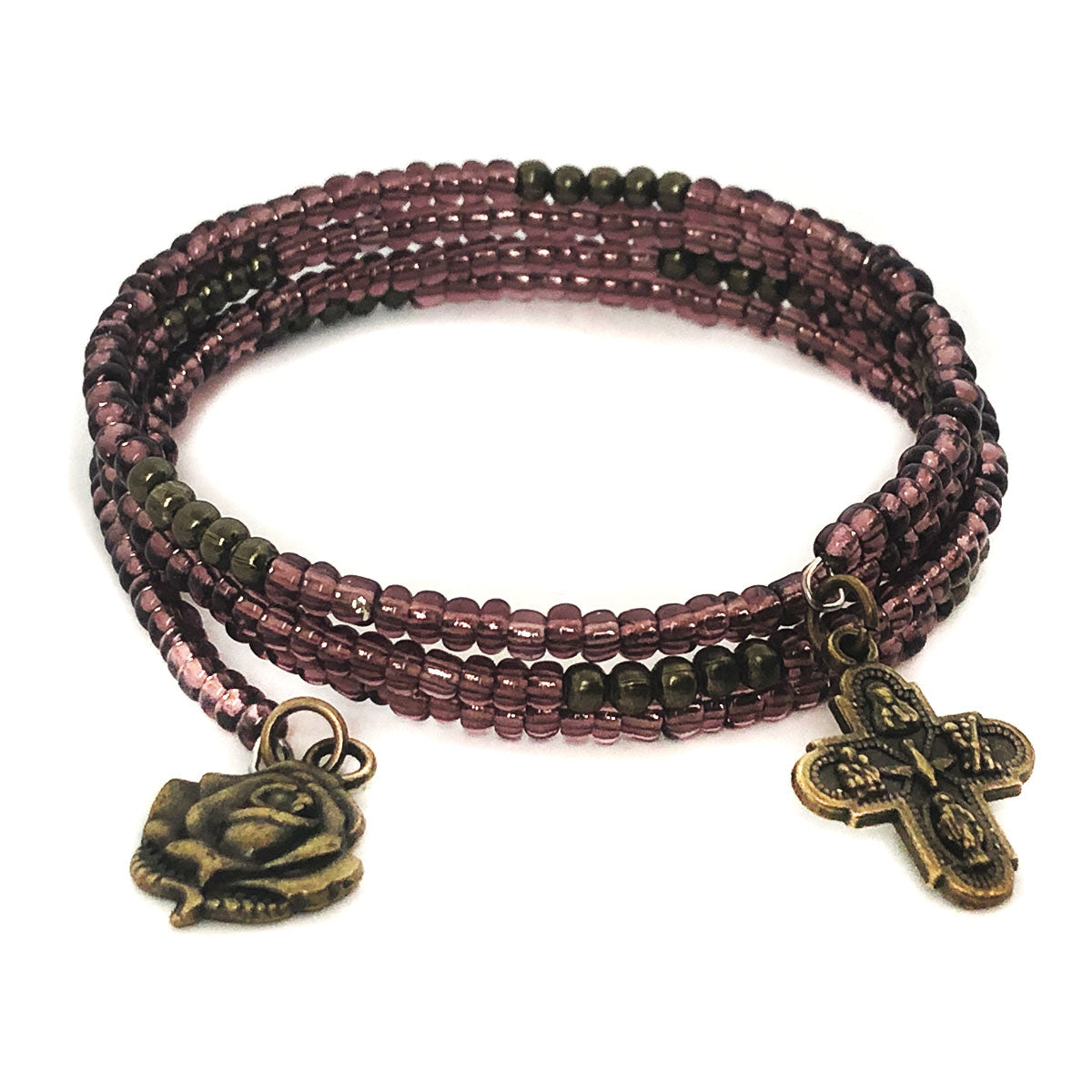 Crucifix Purple Seed Bead Necklace and Four Way Medal Our Lady of Lourdes Rose Bracelet Set by DALIA LORRAINE