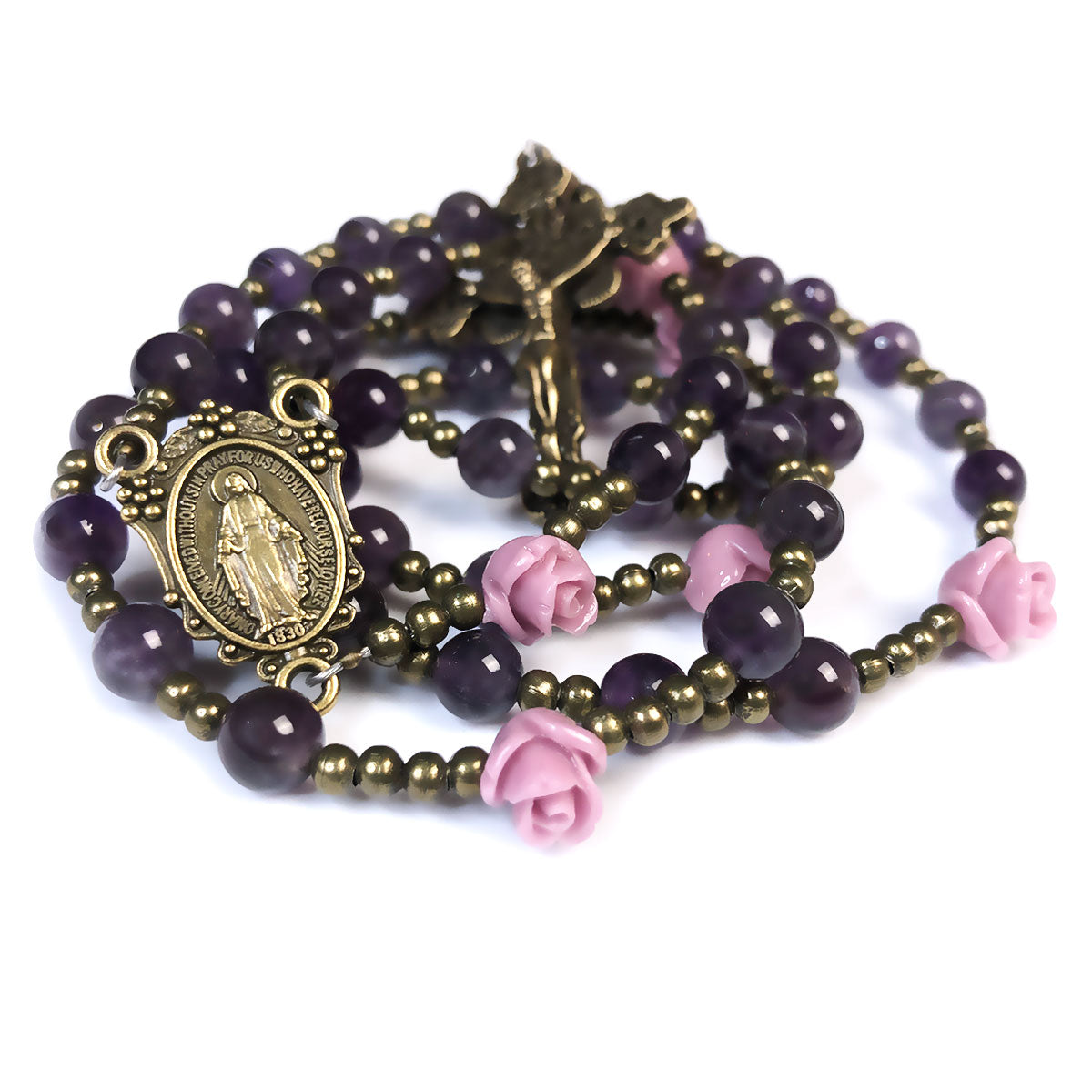 Miraculous Medal Purple Amethyst Stone Lavender Rose Rosary