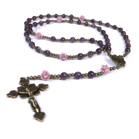 Miraculous Medal Purple Amethyst Stone Lavender Rose Rosary