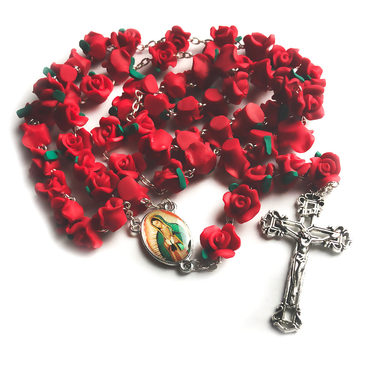 Our Lady of Guadalupe Red Rose Garden Rosary with Velvet Rosary Pouch - Deluxe Boxed