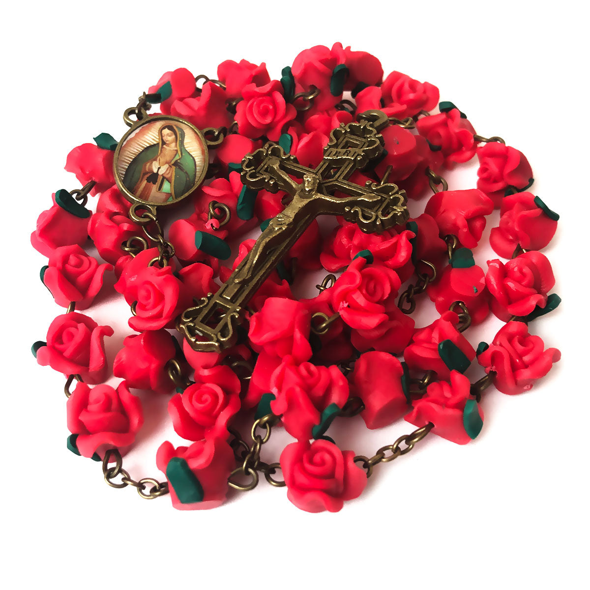 Our Lady of Guadalupe Red Rose Garden Rosary in Antique Bronze Finish with Velvet Rosary Pouch - Deluxe Boxed