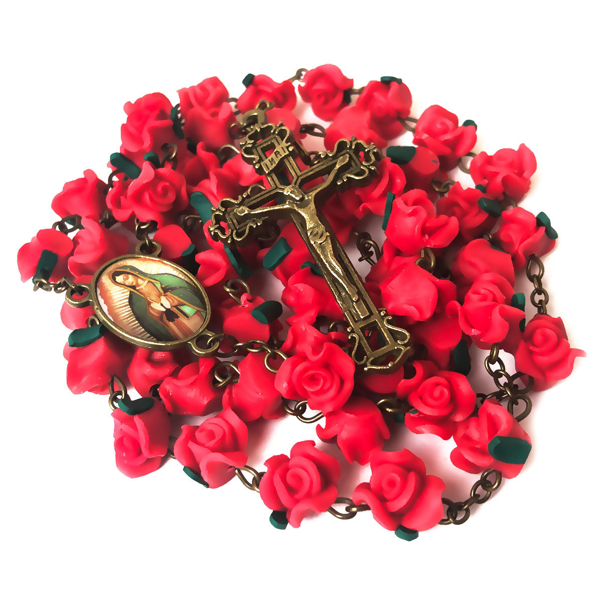 Our Lady of Guadalupe Red Rose Garden Rosary in Antique Bronze Finish with Velvet Rosary Pouch - Deluxe Boxed