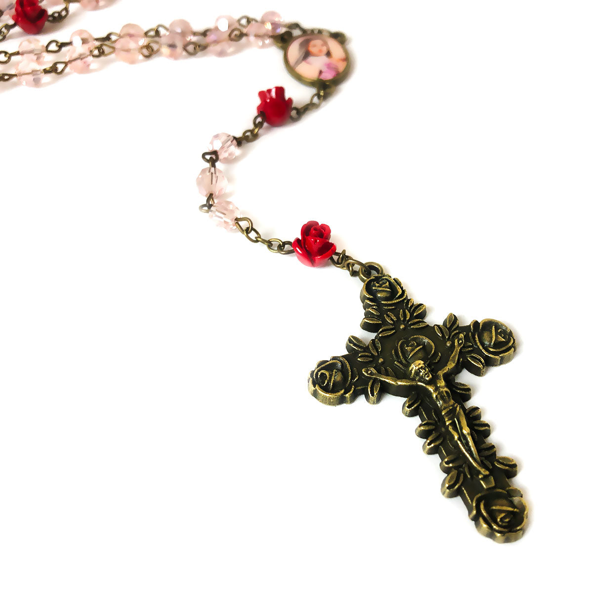 St. Therese the Little Flower Pink Crystal Red Rose Rosary and Bracelet Set by Catholic Heirlooms