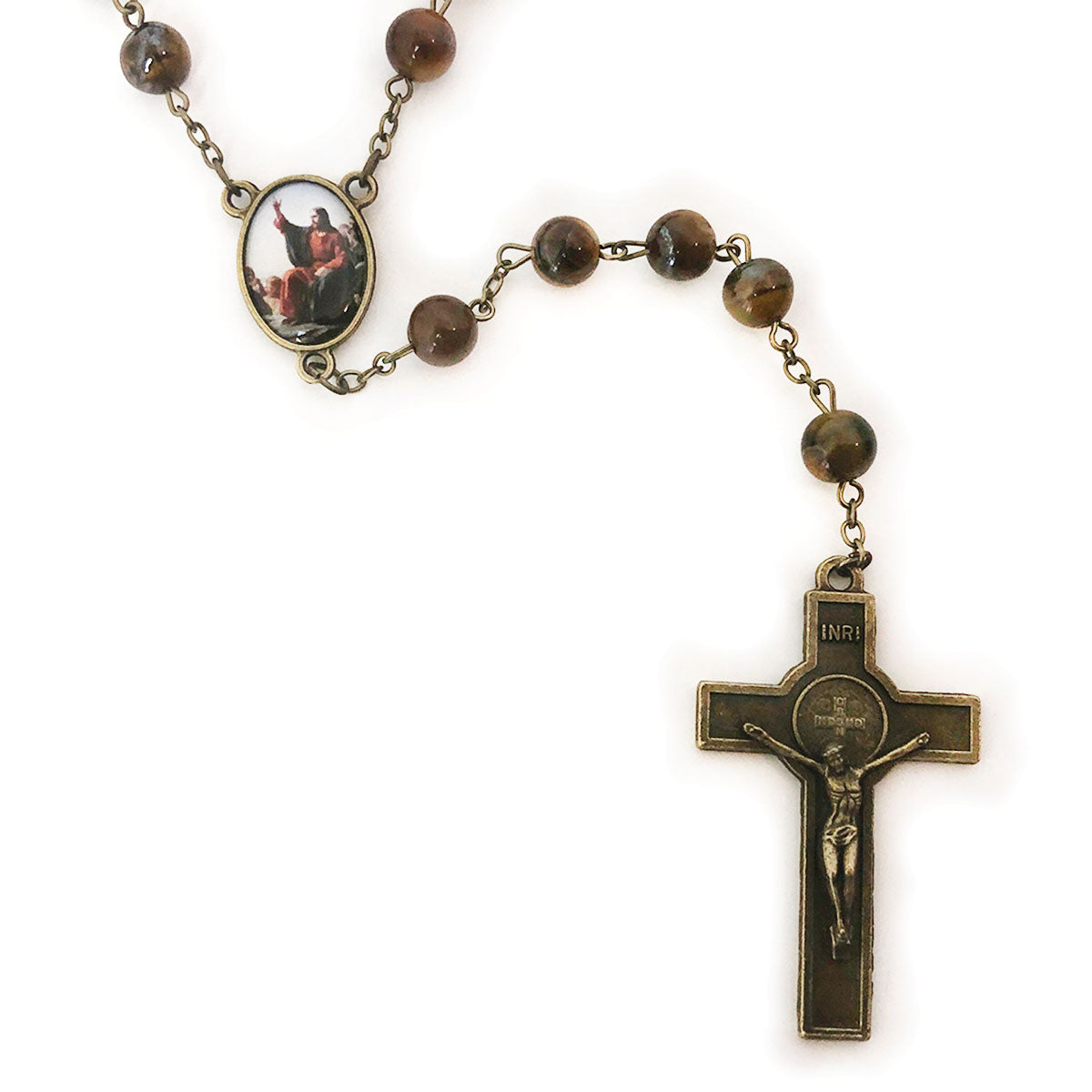 Tiger's Eye Stone Jesus Sermon On the Mount Rosary and Rosary Bracelet Set by Catholic Heirlooms