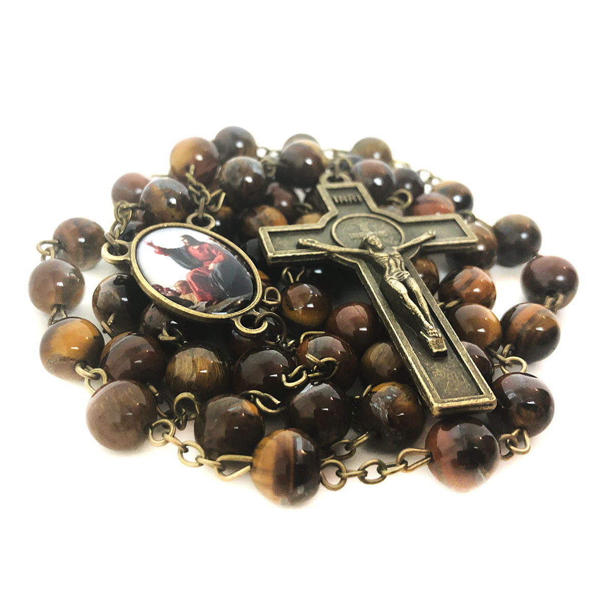 Tiger's Eye Stone Jesus Sermon On the Mount Rosary and Rosary Bracelet Set by Catholic Heirlooms