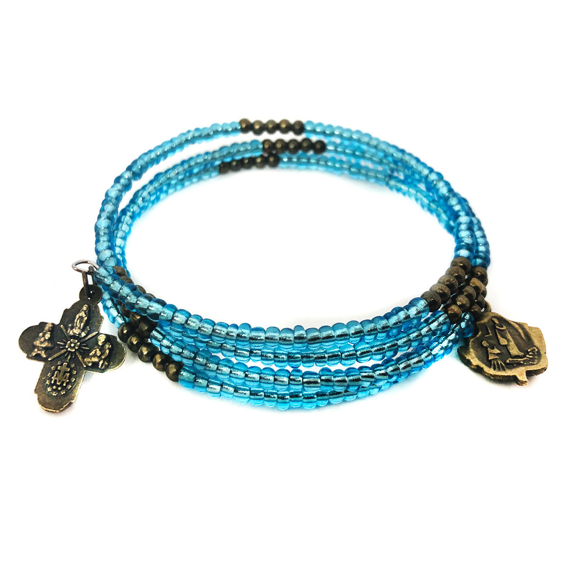 Miraculous Medal Baby Blue Crystal Front Toggle Clasp Necklace and Four Way Medal Bracelet Set by DALIA LORRAINE