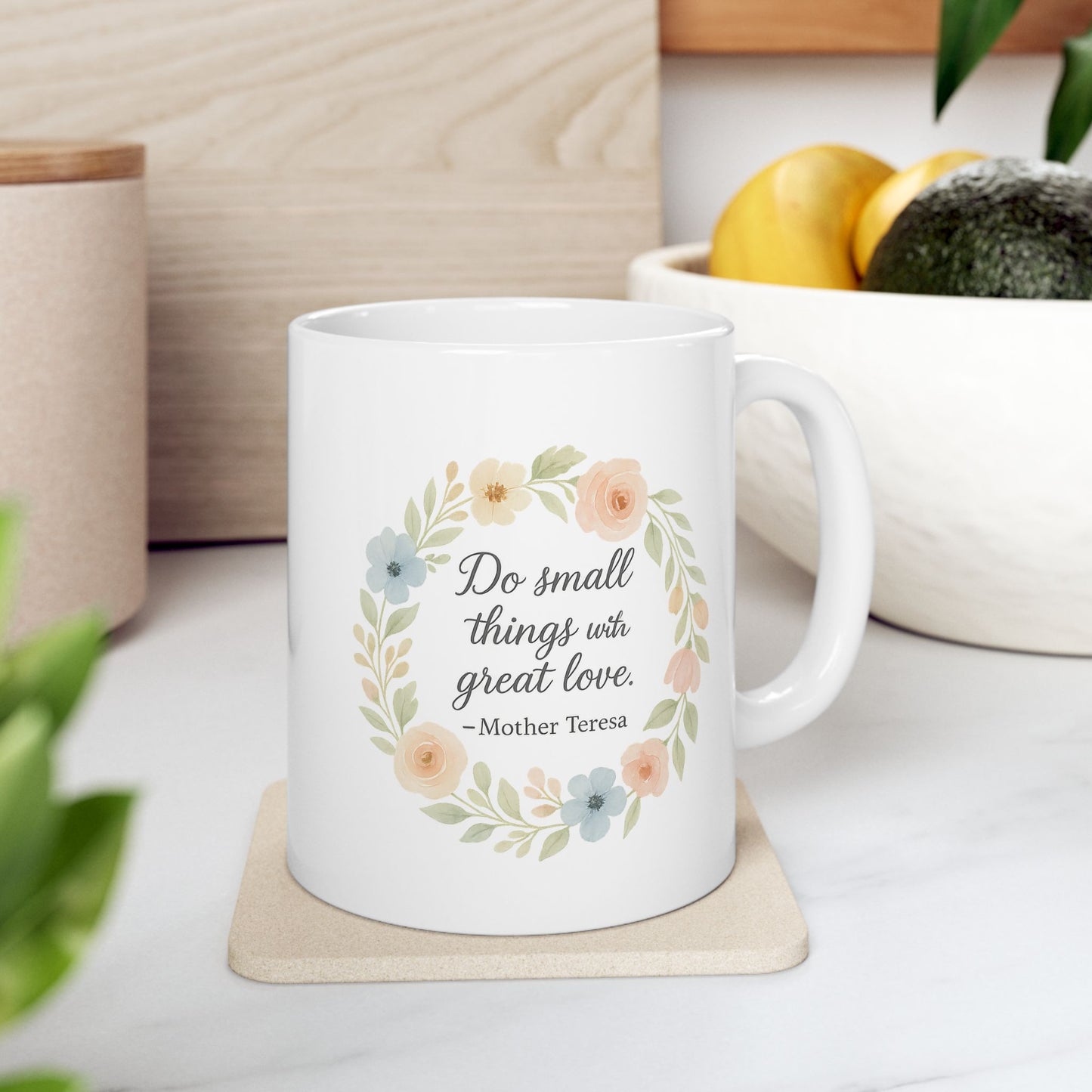 Mother Teresa Quote "Do Small Things With Great Love" Pastel Floral Wreath Catholic Coffee Mug (11oz or 15oz)