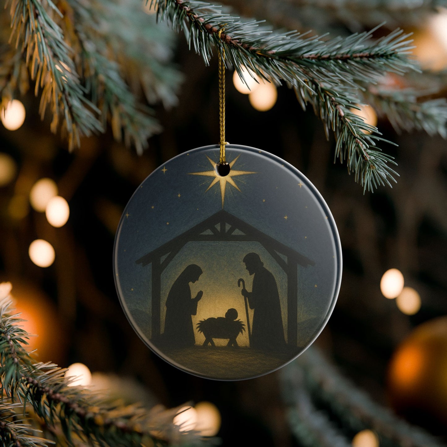 Nativity Scene Silhouette Ceramic Christmas Ornament (2-Sided)