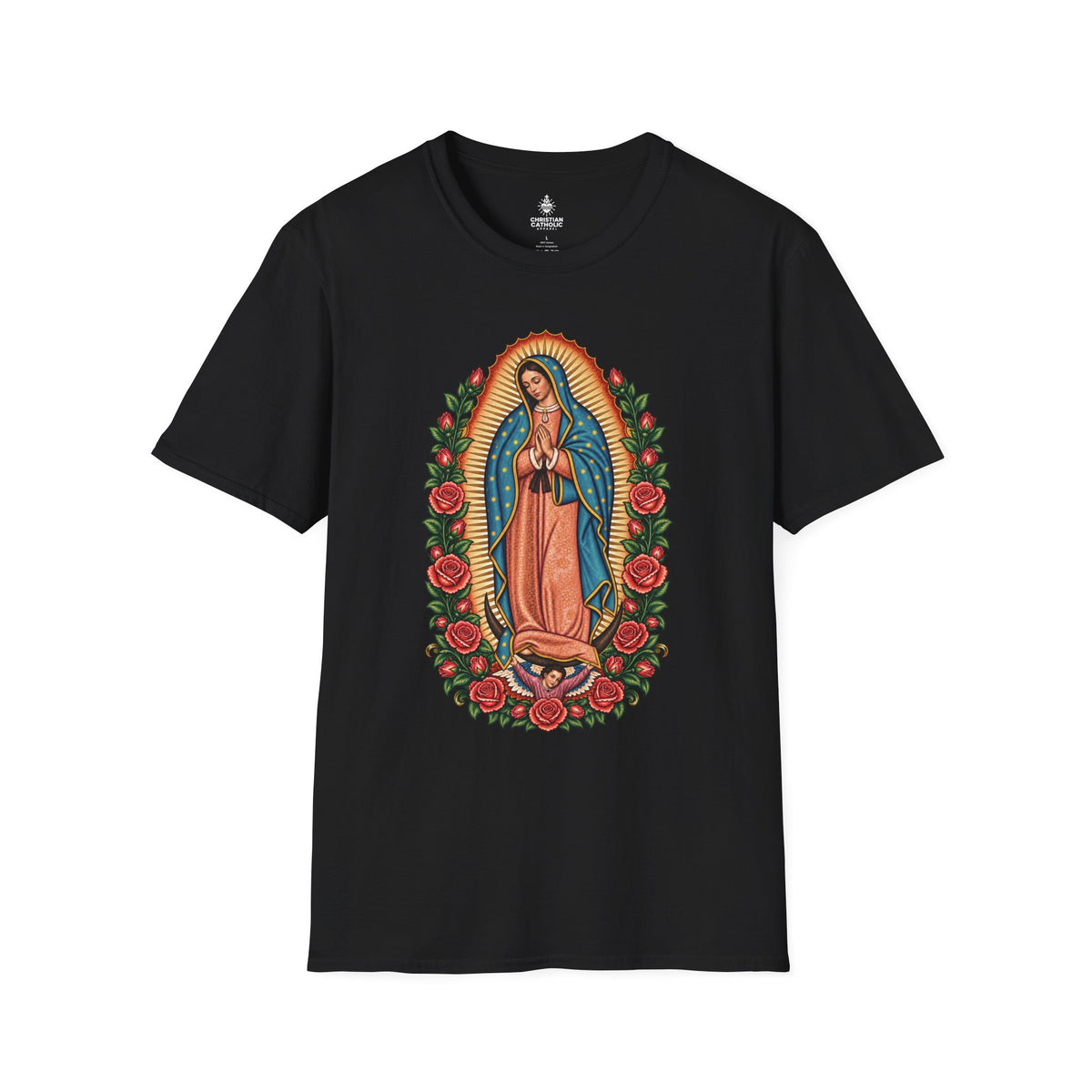 Our Lady of Guadalupe T-Shirt — Virgin Mary Catholic Devotional Tee with Roses