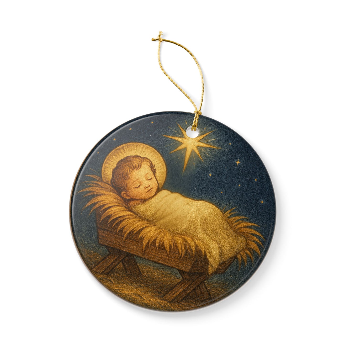 Baby Jesus Manger Ceramic Ceramic Christmas Ornament (2-Sided)