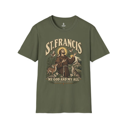 St. Francis T-Shirt — 'My God and My All' Religious Prayer Tee