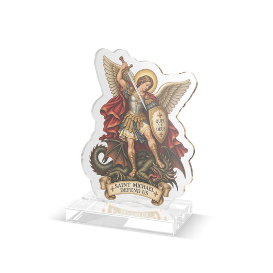 Saint Michael Acrylic Standee — 'Saint Michael Defend Us' Religious Tabletop Devotional