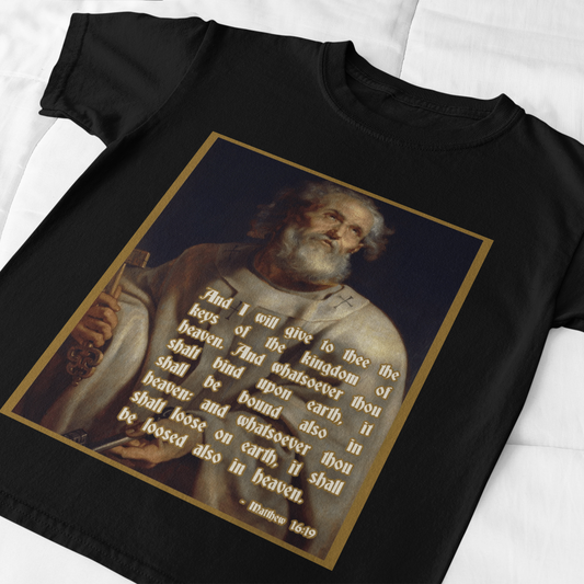 Black t-shirt with a graphic of a man and text on a white background