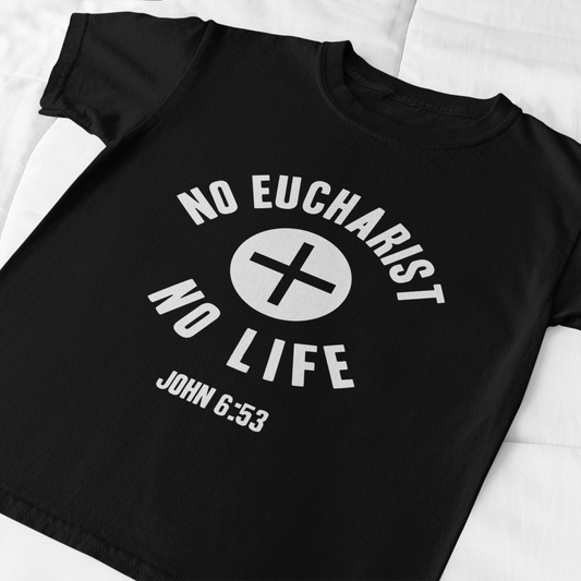 Black t-shirt with white text and design on a white background