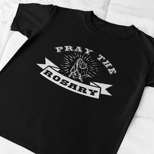 Black t-shirt with 'Pray the Rosary' graphic on a white background