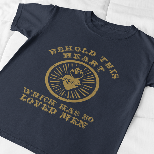 Navy blue t-shirt with gold text and design on a white background
