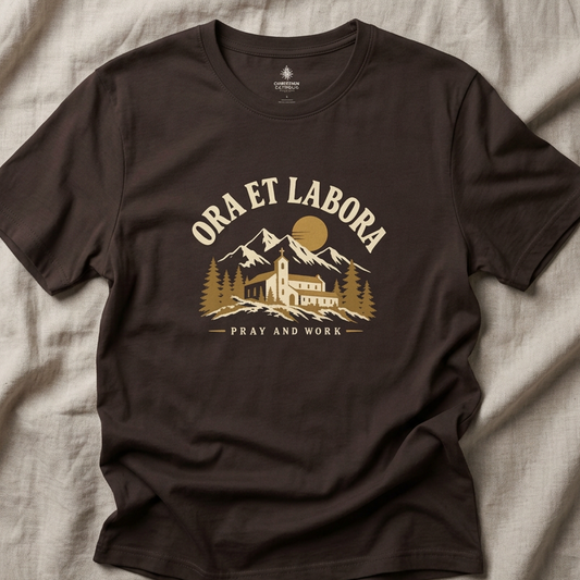 Ora et Labora T-Shirt — Rustic Mountain Abbey 'Pray and Work' Graphic Tee